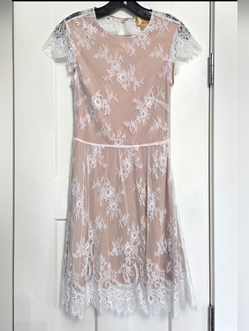 H&M Blush Pink Dress with White Lace Overlay - Lace Cap Sleeve A-Line Open Back